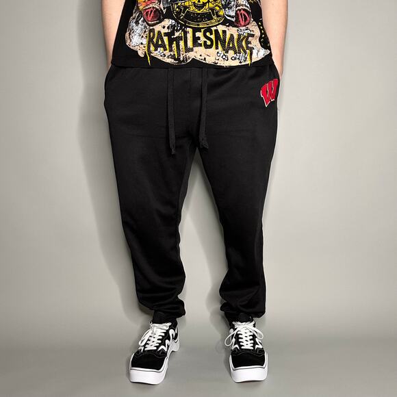 Vintage Y2K Wisconsin Badgers Sweatpants Mens XL Baggy Fit Jet Black Joggers - Picture 2 of 4